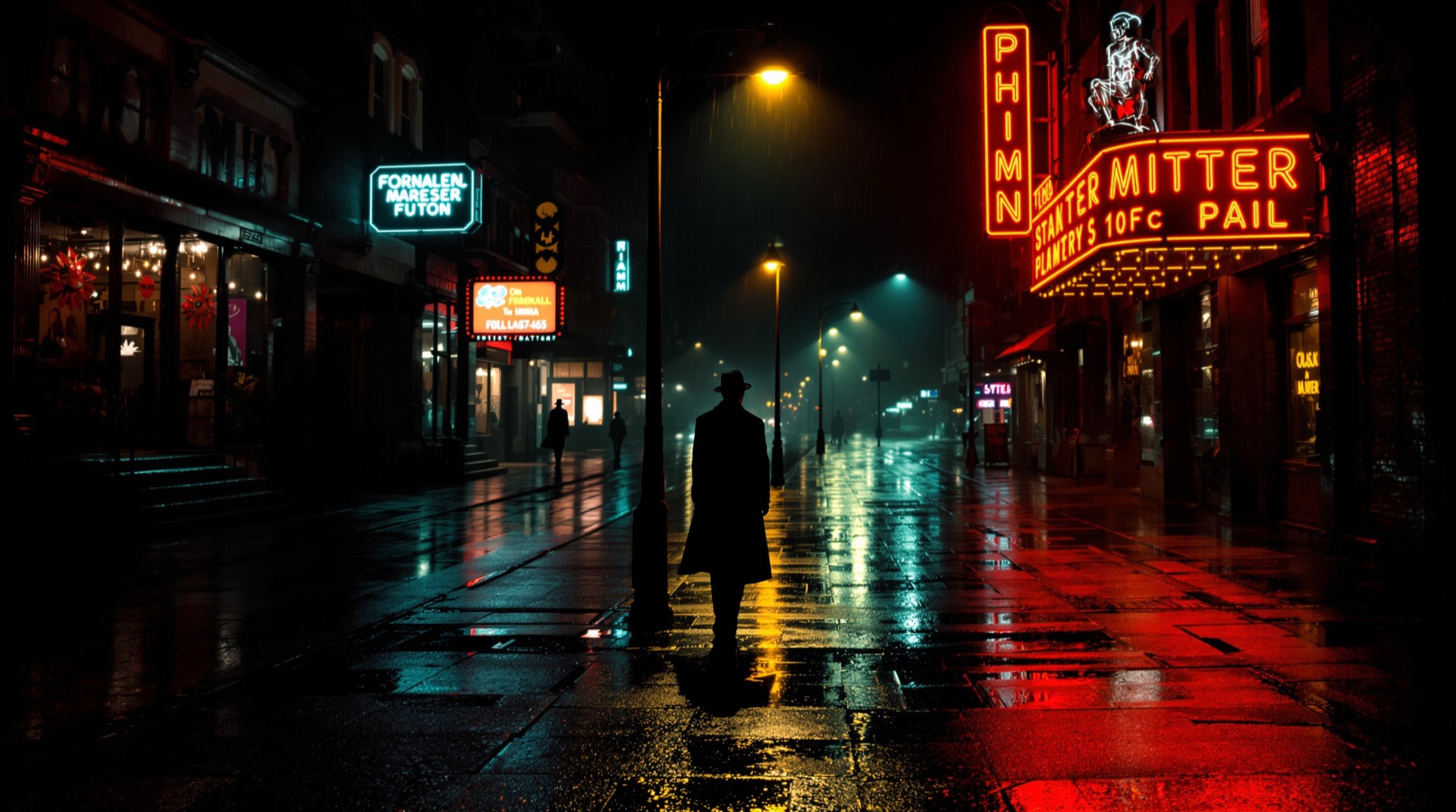 Noir city street at night with a lone figure under a streetlamp, in vintage pulp illustration style